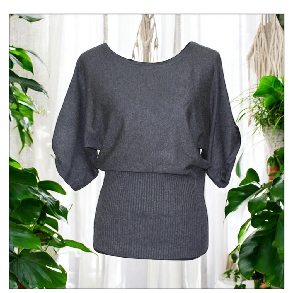 Cable&Gauge Grey Shortsleeve Knit Kimono sweater Zipper Sleeve- Ribbed Hem-SzM